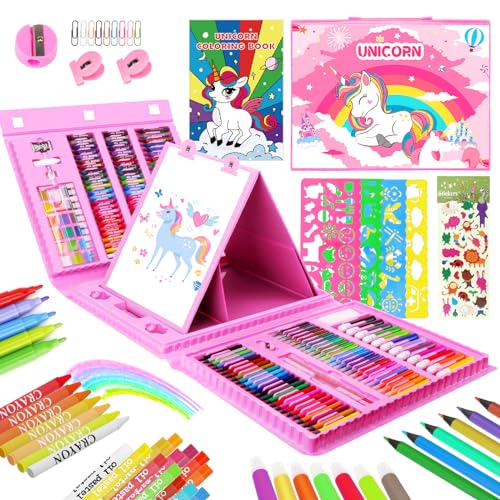 TCJJ 208 Peças crianças maletin pinturas para crianças, unicórnio mala pintura crianças, bolos a óleo, rayões, lápis coloridos, presentes de unicórnio para meninas de 3 a 12 anos P