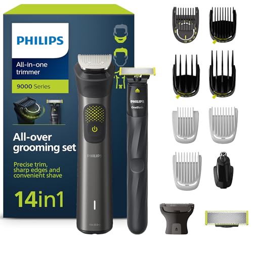 Philips Aparador de barba série 9000, máquina de cortar cabelo, corta-pelos para homem, kit 14 em 1 para rosto, cabelo, orelhas, nariz e corpo, 120 min de uso, seco e húmido, recarregável, OneBlade,