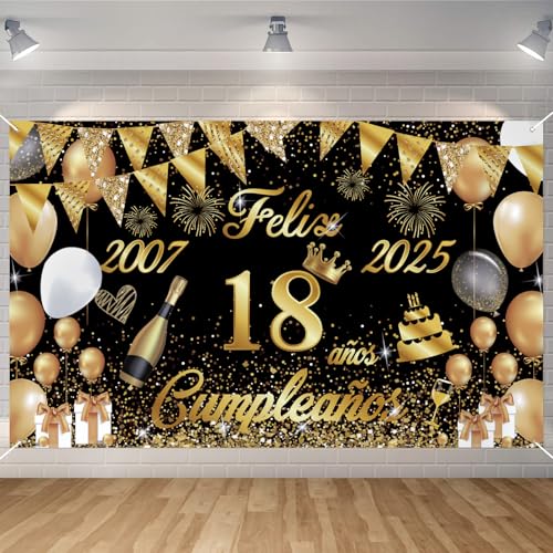 Pancarta feliz aniversário 18 anos 2007-2025, Seutgjie Happy Birthday decoração para menina meninos para festa de aniversário 18 ouro preto 180 x 110 cm