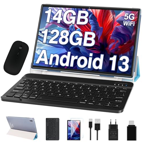 Oangcc 2025 Newest 10 polegadas Android Tablet, 14 GB RAM+128 GB ROM (1 TB TF), certificação GMS, baterias 8000 mAh, 8-Core 2,0 Ghz, 5 G + 2,4 G WiFi, BT 5.0, tablet com Fi Unda, Teclado Lado e rato