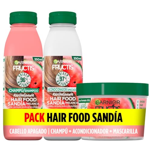 Garnier Fructis Pack Hair Food melancia com champô, condicionador e máscara para cabelo desligado e sem vida, limpa, desembaraçada e neutro