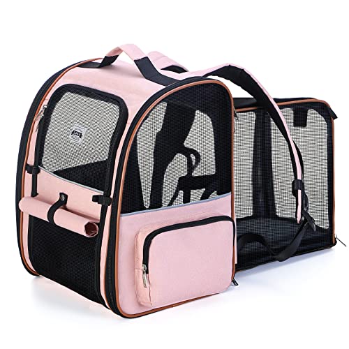 Lekespring Mochila para gatos expansível com 4 entradas, mochila de gato respirável, transporte para cão pequeno com arnês interno, mochila para cão carga máxima 12 kg impermeável - rosa XXL