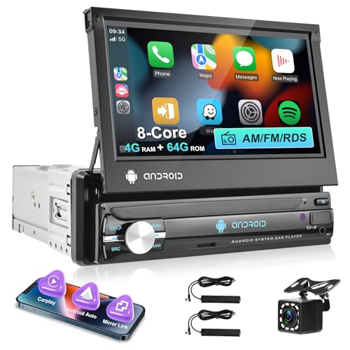 4 GB Rádio carro 1 DIN 8 Core Android com Wireless Carplay Android Auto Mirror Link rádio com ecrã táctil IPS de 7 polegadas com GPS Navi Bluetooth WiFi & 4G HiFi Rádio Am/FM/RDS DSP câmara traseira