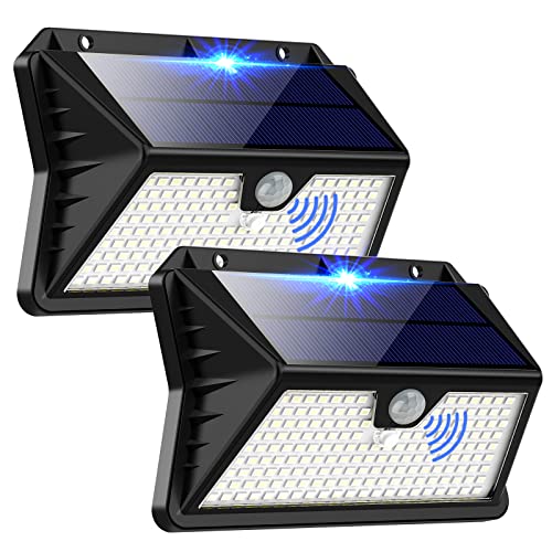 OUILA Luz solar exterior, 185 LED, 3 modos, luzes solares com sensor de jardim de movimento, holofote solar exterior IP65, impermeável para jardim, garagem, rua, pátio, portas, 2 pacotes branco frio)