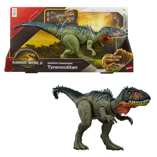 Mattel Jurassic World: El renascimento, tiranotitã grandes armadilhas, figura de dinossauro de brinquedo, com 2 batidas ativadas com a cauda, jogo digital, JCL75