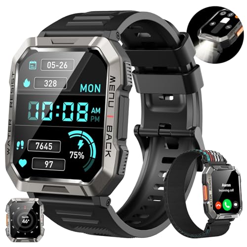 Baolubao Relógio inteligente para homem, Smartwatch homem com lanterna e bússola, Smartwatch com chamadas Bluetooth, bateria grande de 900 mAh, 100 modos desportivos, pulseira atividade impermeável