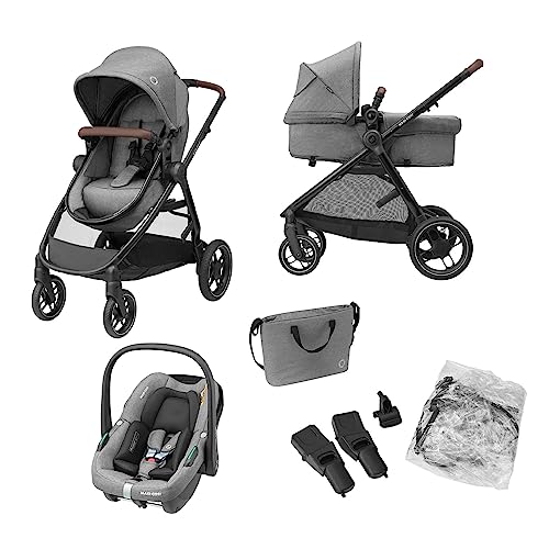 Maxi-Cosi Zelia S Trio carrinho de bebé 3 peças, 0 - 4 anos, até 22 kg, dobrável, compacto e reclinável, com abrioFix S i-Size cadeira carro bebé, acessórios, bolsa trocador, cinzento