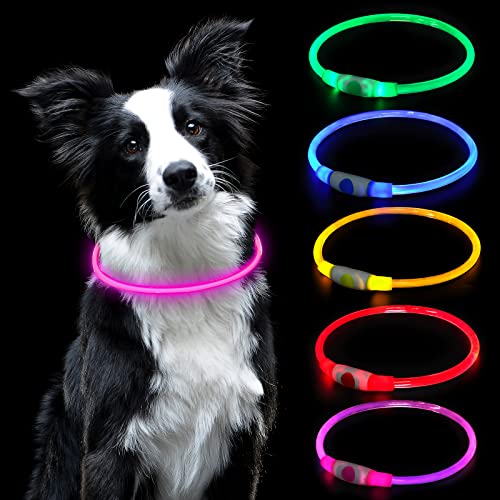 AUAUY Coleira luminosa cão, coleira LED cão recarregável por USB tamanho ajustável, coleira luminosa cão impermeável coleira de segurança reutilizável para cães pequenos médios e grandes (rosa)