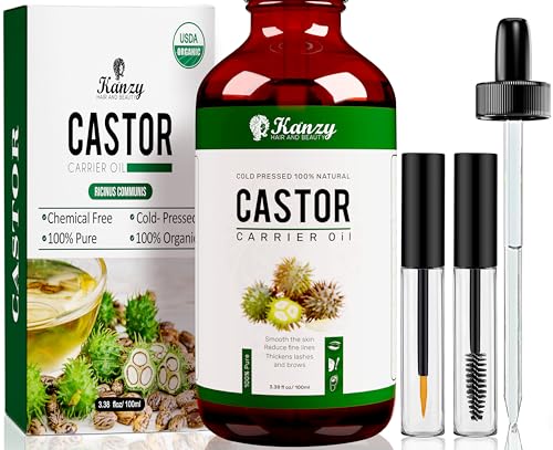 Kanzy Óleo de rícino para pestanas e sobrancelhas 100 ml óleo puro para cabelo, barba, unhas, corpo e rosto prensado a frio, ideal para crescimento pelo com escovas, unissexo