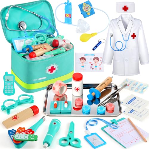 Perbabe Pasta médica de madeira com estetoscópio real, roupão e gorro - kit Doctor 32 peças - brinquedo educativo de papel para crianças 3 4 5 6 7 8 9 10 anos presente para aniversários/Natal