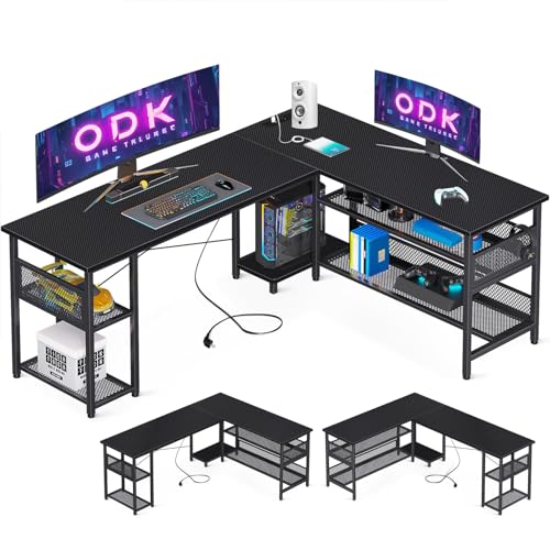 ODK Mesa de jogos em forma de L com design reversível, 168 × 120 cm, secretária com grande armazenamento, mesa de canto com 2 tomadas e 2 portas USB (fibra de carbono preto)