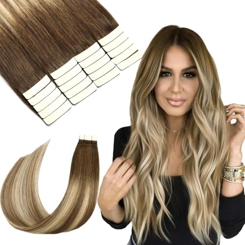 SURNEL Extensões adesivas cabelo natural castanho mais escuro a desvanecer castanho Ash realçado com loiro 45 cm, 50 g, 20 peças de extensões adesivas cabelo humano natural (T#3/8/22-45 cm)