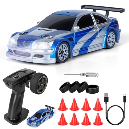 JONRRYIN Carro remoto Drift, 1:43 mini Drift RC Car, 4 WD Car rádio controlo com luzes LED, 15 km/h, carro remoto de brinquedo para crianças com mais de 14 anos (azul - padrão)