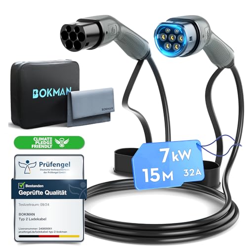 bokman EV Cabo de carregamento tipo 2, 7,2 kW / 32 A / monofásico / 15 metros / modo 3, cabo de carregamento rápido híbrido para veículo elétrico tipo 2 a tipo 2
