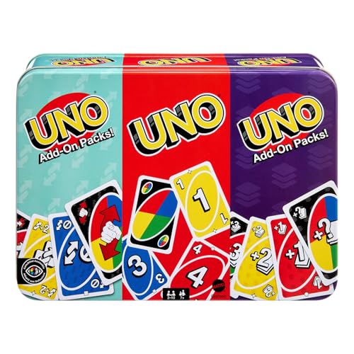 Mattel Games Um com 2 pacotes de expansão e caixa metálica colecionável para crianças, adultos e noites de jogos em família, de 2 a 10 jogadores, JCV60