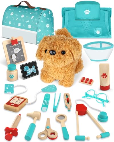 Maletin Brinquedo médico, veterinário brinquedo de madeira cão de pelúcia, kit médico infantil, brinquedos crianças 3 anos (verde)