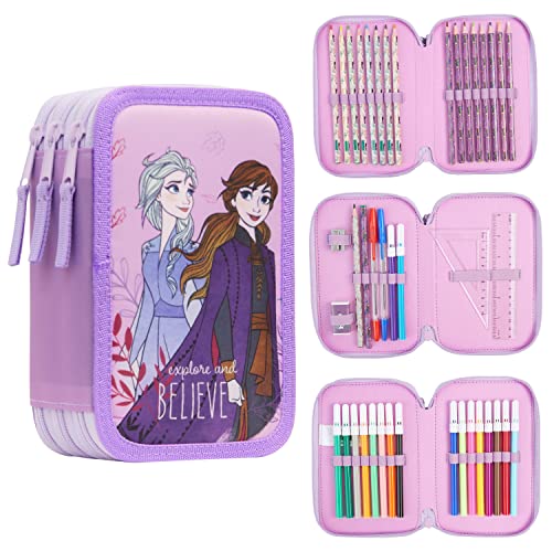 Disney Estojo de lápis com papelaria para meninas, estojos escolares, lápis de cor, marcadores, Frozen fecho de correr triplo, Estojo escolar