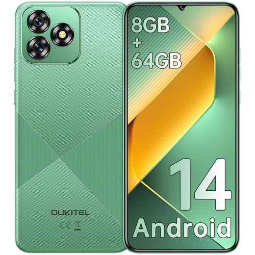 OUKITEL C53 Telefones celulares livres, ecrã HD de 6,6" e smartphone Android 14, 8 GB (4 + 4) RAM + 64 GB ROM/TF 1TB Telemóvel, bateria 4300 mAh, câmara 13 MP, 4G dual SIM/Octa-Core//GPS - verde