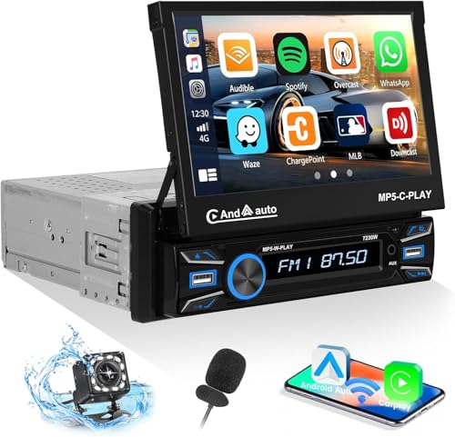 Wireless: Cabeceira rádio carro Bluetooth 1 DIN com Wireless Carplay e Android Auto et Mirrorlink, ecrã tátil retrátil e automático com FM/USB/SD+câmara