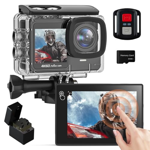 Yolansin 4K 60FPS Câmara desportiva com 64 GB cartão SD, 131 FT câmara aquática de ecrã tátil, 24 MP HD pré-gravação câmara de ação, 8X Zoom Wi-Fi câmara com 2 x 1350 mAh baterias, vários acessórios