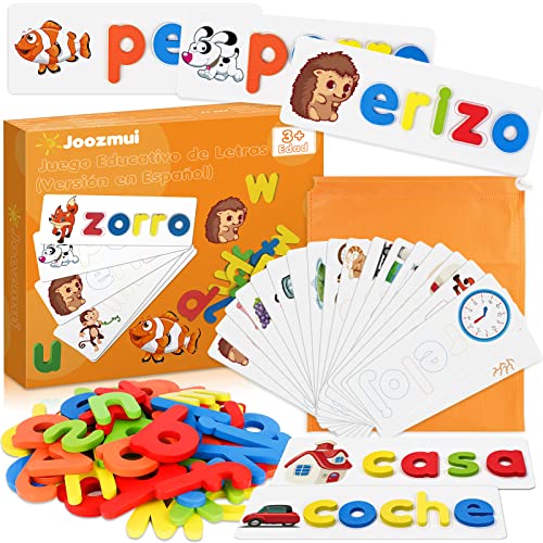 Joozmui Jogos educativos para crianças 3 4 5 6 7 8 anos, brinquedos para crianças presente de menina 3-8 anos jogos para crianças brinquedos menina aprender a ler Scrabble espanhol eletreo Montessori