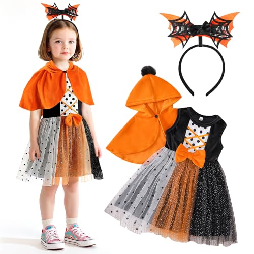 TAGVO Vestido princesa bruxa menina, disfarce bruxa menina poncho roxo capa com capuz Halloween, vestido tutu princesa brilhantes estrelas com chapéu Halloween Fancy Dress up para menina 1-6 anos