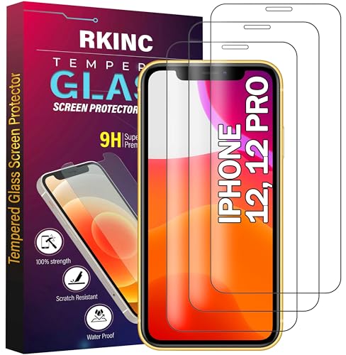 RKINC Protetor de ecrã [3 peças] para iPhone 12 12 Pro 6,1-Inch, vidro temperado película de vidro, 9H 0,33 mm [Garantia vitalícia][Anti-riscos][Anti-quebra][Sem bolhas]