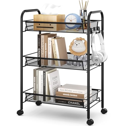 Urackify 3 níveis carrinho organizador com rodas, para casa de banho, cozinha e lavandaria, metal resistente à ferrugem, cesta de malha respirável e ganchos laterais incluídos, fácil montagem, preto