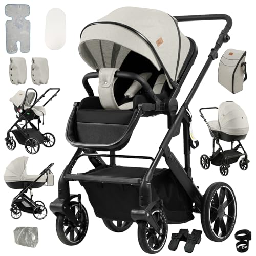 NADDLILY Carrinho de bebé 4 em 1, carrinho de bebé com design portátil dobrável de um clique, carrinho de bebé com 4 peças com empurrão reversível de duas vias, carrinho de bebé com 3 peças com