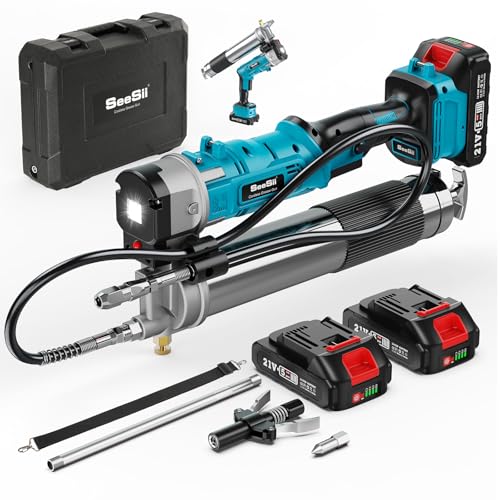 Seesii Inovadora máquina de lubrificação bateria 2 em 1: Kit de pistola de lubrificação de 5,3 oz/min 12000 PSI de alta eficiência com 2 * baterias de 2,0 Ah e carregador, pistola de lubrificação