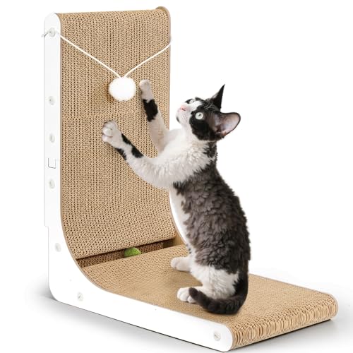 Gimars Raspador para gatos grandes em forma de L de 47 cm, placa de raspador com peluche e bolas de Catnip, raspador de cartão para montar na parede, brinquedos para gatos para proteger móveis, branco