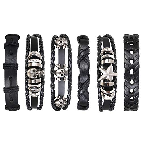 flintronic® Pulseira para homem, 6 peças personalizáveis, retro, tecida, pulseira de fato de couro multicamada, pulseiras retro, moda pulseira de couro, bracelete entrançada Roccia Punk, ajustável