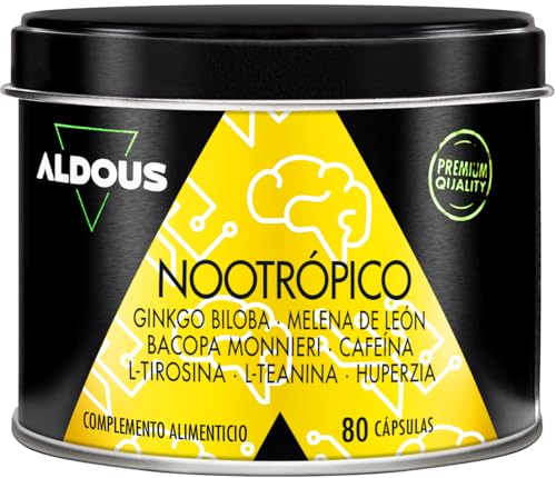 Nootrópico potente natural, 80 cápsulas de 800 mg - memória, concentração, energia - Ginkgo Biloba, melena de leão, caféina, Bacopa Monnieri, tirosina, teanina, Huperzia, ALDOUS