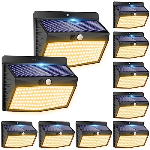 Peasur Luz solar exterior: 10 pacotes, 138 LED/3 modos: luzes solares LED branco quente IP65, à prova d'água, holofotes LED solares e jardim, lanternas potentes para exteriores