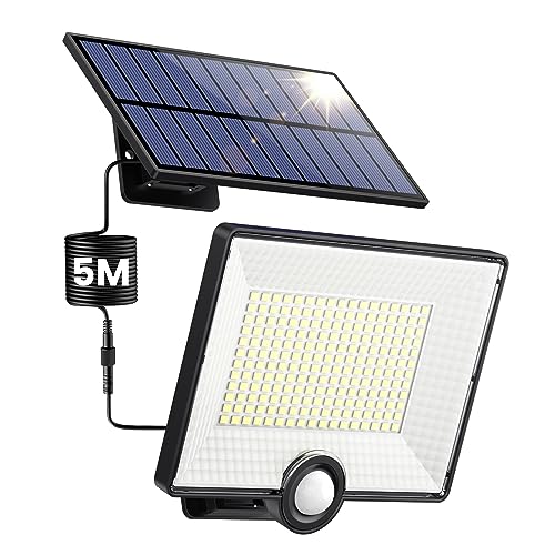 Luz solar exterior 204 LED/2000 LM/3 modos holofotes LED exteriores solares com sensor de movimento, IP65 impermeável Split candeeiro solar exterior com cabo de 5 m para jardim garagem de estrada [1