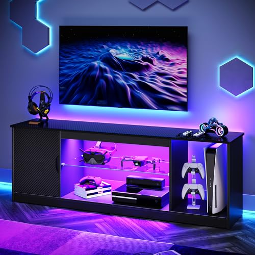 Bestier Suporte de TV LED de 145 cm para televisores de 55/60/65 polegadas, centro de entretenimento para jogos, com armário para PS5, moderno armário de TV com prateleiras de vidro ajustáveis para