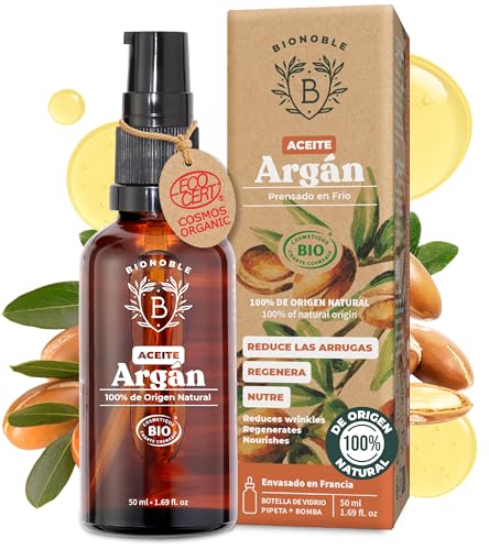 Bionoble Óleo de argão orgânico 50 ml - 100% puro, natural e prensado a frio - rosto, corpo, cabelo, barba, unhas - vegano e Cruelty Free - garrafa de vidro pipeta bomba