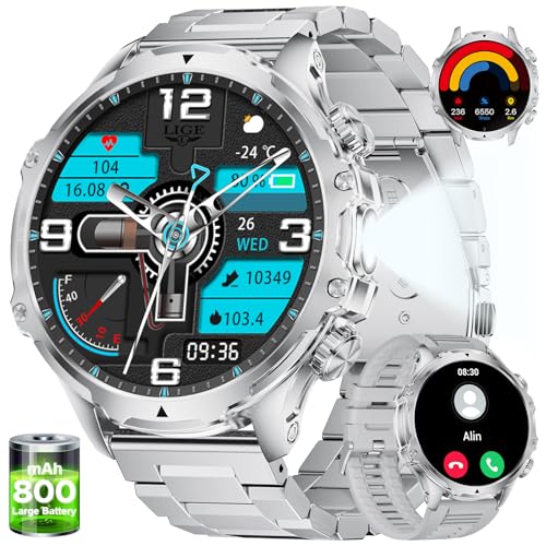 LIGE Relógio inteligente homem com lanterna LED, 800 mAh/mais de 30 dias de espera, 1,85" Smartwatch com chamadas Bluetooth, frequência cardíaca, pO2, monitor de sono, IP68 impermeável para Android