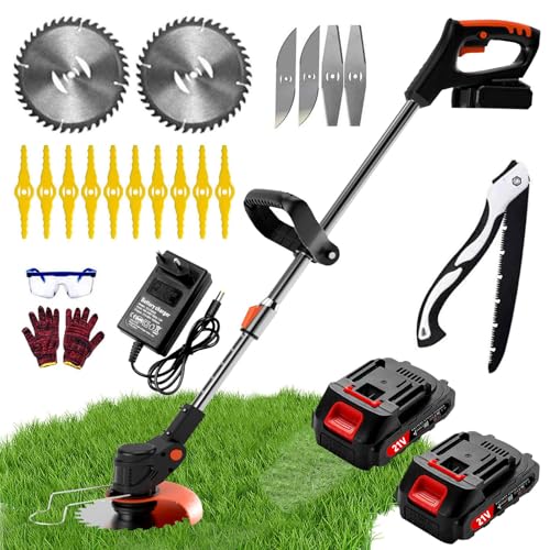 Gompuy Desboçador elétrico, máquina de cortar a bateria, aparador de bordo, bateria 21 V, corta-rolhas elétrico 3 em 1, comprimento retrátil, 2 baterias, para cortar relva e arbustos