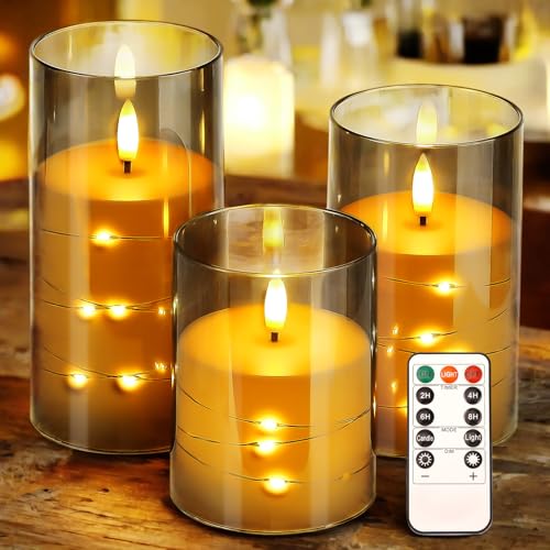 Lewondr Velas sem chama cintilantes, velas LED realistas com controlo remoto e temporizador, conjunto de 3 velas a pilhas para decoração natalícia de casamento e aniversário em casa, cinzento