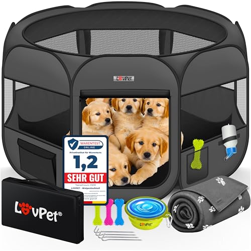 Lovpet® Parque dobrável para cachorros e gatos, inclui comedouro para cães e gatos, tecido Oxford, sistema suspenso para interior e exterior