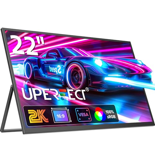 UPERFECT 22 polegadas 2K monitor portátil, ecrã móvel com suporte integrado QHD IPS Display Mate Eye-Care 2560 x 1440 mini HDMI USB C para PC Laptop Smartphone Xbo Switch PS4/5, compatível com VESA