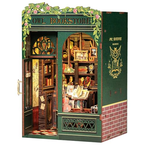 CUTEBEE Book Nook Kit DIY Miniature House, casa de bonecas em miniatura, kit de construção com cobertura antipoeira e luz LED, Booknook Maquetas para adultos para construção (Owl Bookstore)