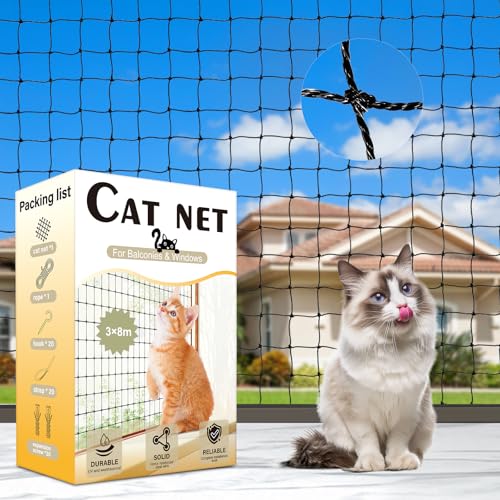 Holilo Rede para gatos, 3 x 8 m, malha protetora de varanda, inclui conjunto de fixação, resistente às intempéries e aos raios UV para varandas, janelas, clarabóias