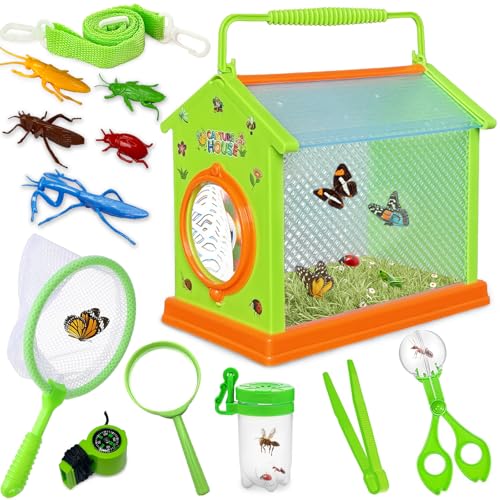 Kulveanju Kit explorador crianças, 12 peças brinquedos de aventura ao ar livre, kit caça insetos com caixa de insetos, 5 insetos, lupa, rede de borboletas, brinquedos de aniversário crianças