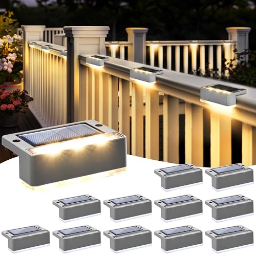 Solpex 12 lâmpadas solares para exteriores, luz branca quente, luzes solares impermeáveis, iluminação LED para escadas exteriores, degraus cercas, jardim, pátio, pátio, bica, decoração (cinzento