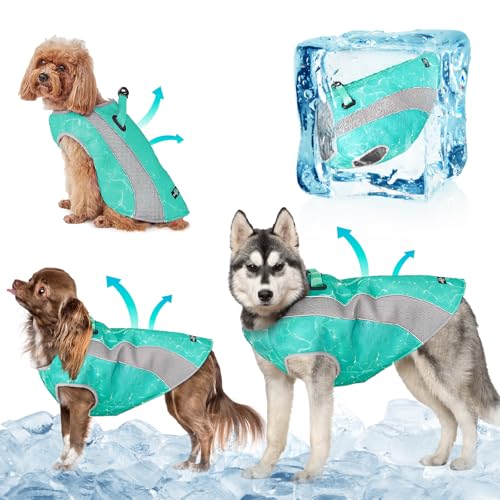 TOPSOSO Casaco refrescante para cães com fecho duplo ajustável, proteção solar UV seda gelo evaporação colete, eficaz refrescante casaco para cães adequado para exteriores (verde, XL)