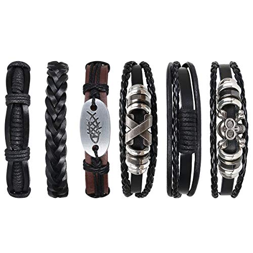 flintronic® Pulseira para homem, 6 peças personalizáveis, retro, tecida, pulseira de fato de couro multicamada, pulseiras retro, moda pulseira de couro, bracelete entrançada Roccia Punk, ajustável