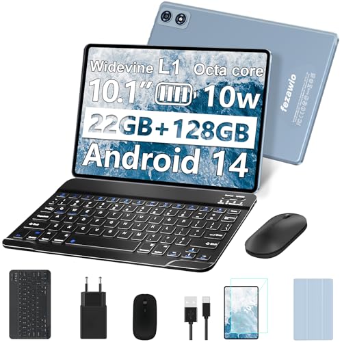 fezawio Tablet de 10 polegadas Tablets Android 14, 22 GB Ram+128 GB ROM Octa-Core Tablets 5G WiFi, 8000 Mah, (1 tb TF) Tablet com teclado e rato um ano de segurança contra quebra de ecrã - cinzento