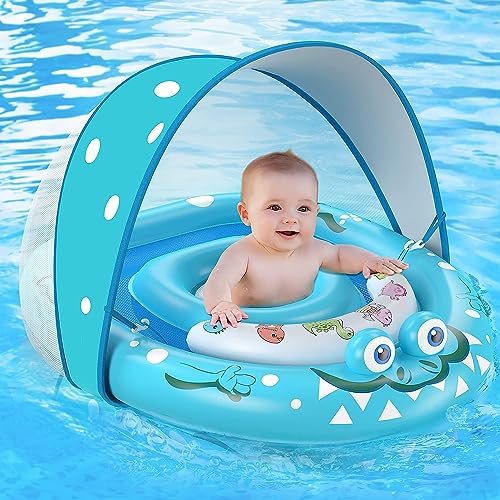 URMYWO Flutuador para bebés com toldo de proteção solar SPF50 removível flutuadores para crianças recém-nascidos assento de natação ajustável flutuador de piscina para 3-36 meses